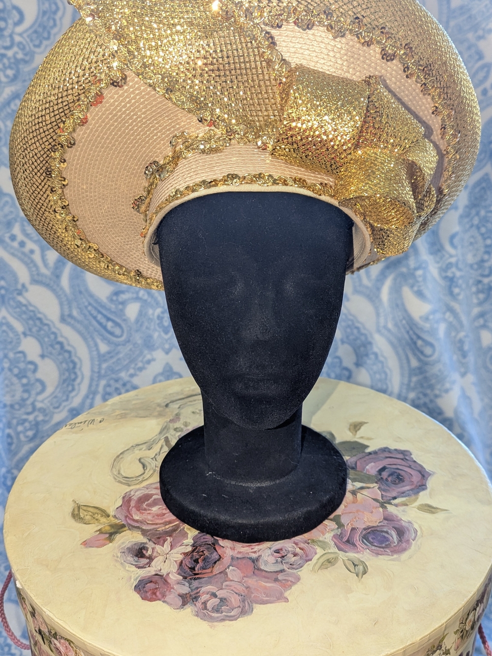 Deborah Rhodes Gold and Cream Sequin Wide-Brim Hat